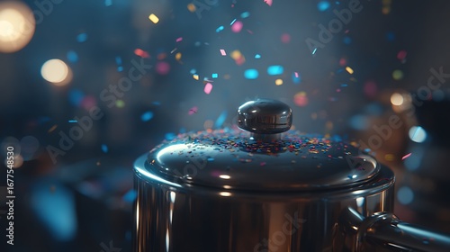 Pot overflows with confetti in celebration. Perfect for marketing, design, and editorial use.
