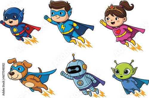 Cute flying superheroes kids, adorable superhero dog, robot and alien, colorful costumes, capes flying, playful children with powers, fantasy characters