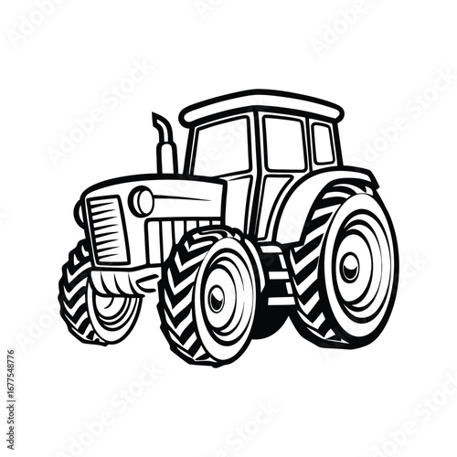 Isolated shot of a vintage red farm tractor, a powerful agricultural machine on a white background silhouette vector line art illustration clipart icon minimalist simple flat black