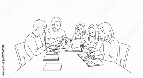 Diverse group of students studying together at a table, surrounded by books and notebooks, in a bright, collaborative learning environment.
