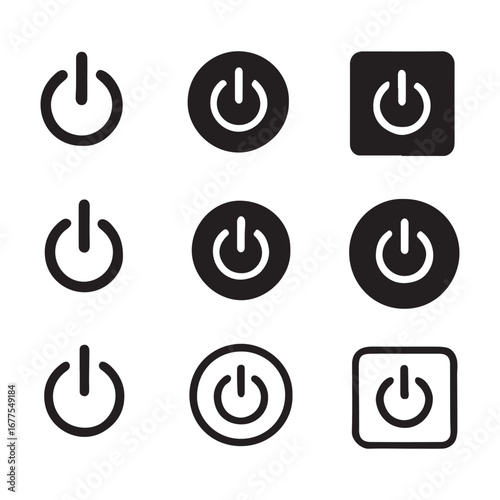 Collection of Black Power Button Icons in Various Shapes Depicting Start and Stop Functionality for Electronic Devices and Digital Interfaces