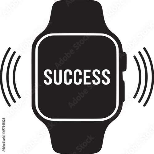 A black and white image of a smartwatch displaying the word success with signal waves on the sides