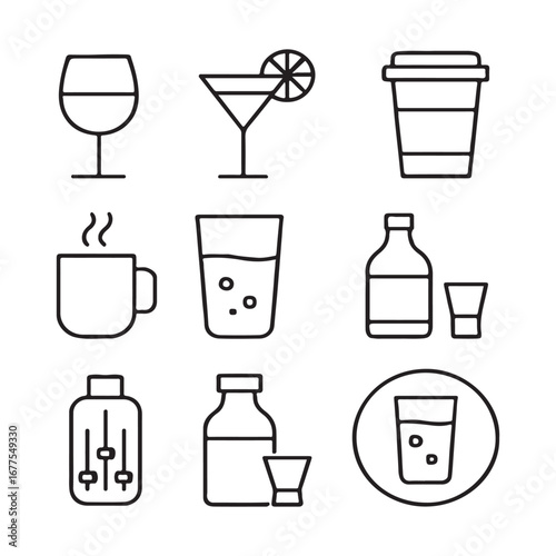 Collection of Drink Icons Vector Illustration Featuring Wine Glass Cocktail Coffee Cup and More for Creative Projects