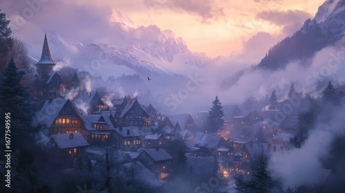 A serene mountain village shrouded in mist at dusk, featuring warm lights from cozy houses against a backdrop of snow-capped peaks.