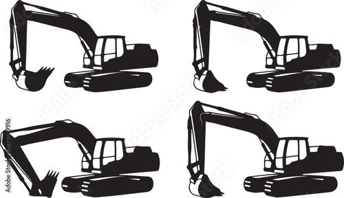 Four Black Silhouette Excavator Icons on White Background digger construction