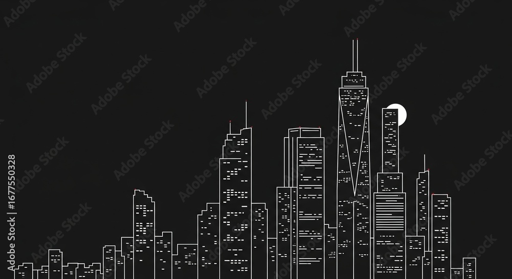 Obraz premium Minimalist white line art cityscape at night with glowing windows and a full moon.