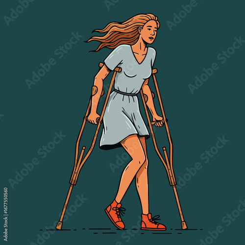 Woman walking with crutches in dress and red shoes vector illustration of injury recovery and mobility aid