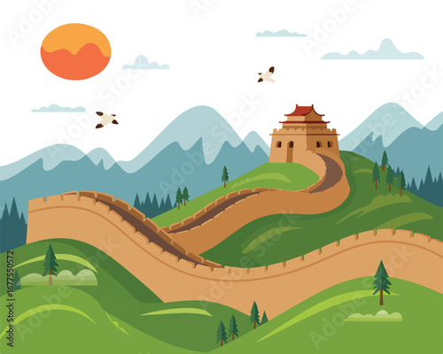 Vector illustration of a rural landscape with a castle on a hill and a village with green fields, forests, and blue sky