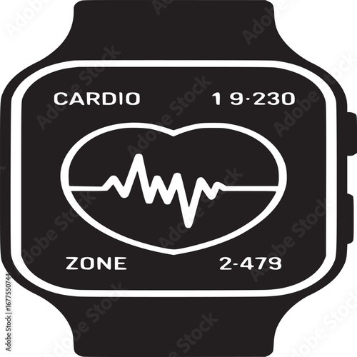 Black smartwatch displaying cardio zone with heart rate monitor and health tracking features shown on screen