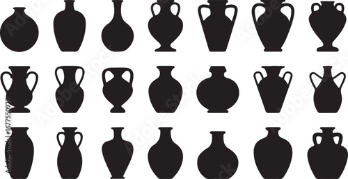 Grid of Black Silhouette Ancient Greek Amphorae and Vases pottery