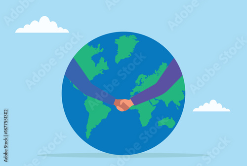 Vector illustration of the Earth with two hands extending from it to shake hands, symbolizing global unity, partnership, peace, international cooperation, and mutual understanding
