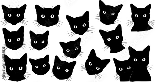 Set of black cats looking out of the corner. Collection of cat faces that spy on you. Playing pets. Tattoo.