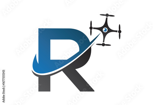 Latter R drone logo design template with blue and gray color