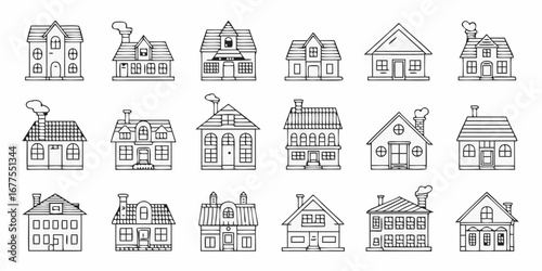 Collection of hand drawn doodle style houses and buildings in black and white outline