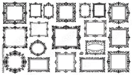 Elegant collection of various ornate picture frames in black and white, featuring intricate designs and different shapes.