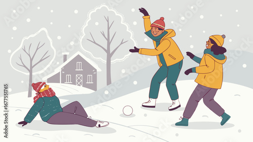 Friends Snowball Fight with Funny Slip Incident – Vector Illustration of Winter Gathering and Joyful Togetherness
