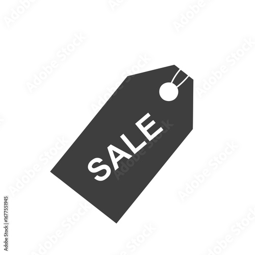 A dark gray sale tag with white text indicating a special offer or discount.
