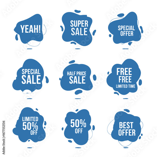 Set of nine blue abstract liquid shape sale tags with various promotional texts for marketing and e-commerce.