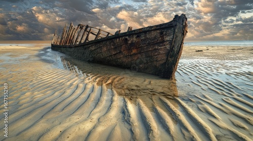 A weathered shipwreck rests on a sandy shore, surrounded by rippling patterns in the sand and dramatic clouds overhead.