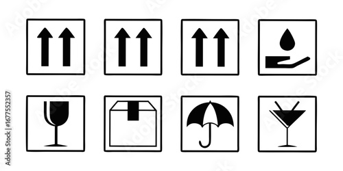 Collection of eight universal shipping and handling symbols for packaging and logistics