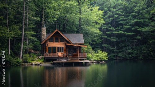 A serene wooden cabin nestled by a tranquil lake, surrounded by lush greenery and tall trees, creating a peaceful retreat in nature.