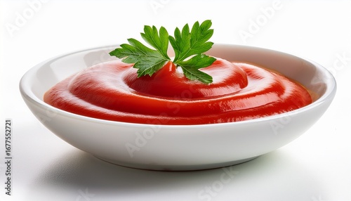 fresh tomato ketchup served in a white bowl garnished with a sprig of parsley isolated on a white background