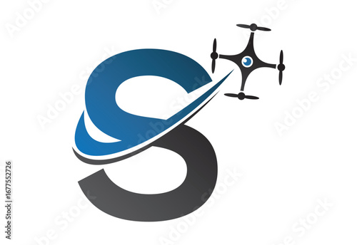 Latter S drone logo design template with blue and gray color