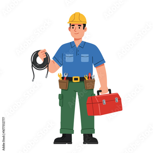 Electrician holding cable and toolbox in safety helmet and workwear vector illustration for construction and maintenance work 