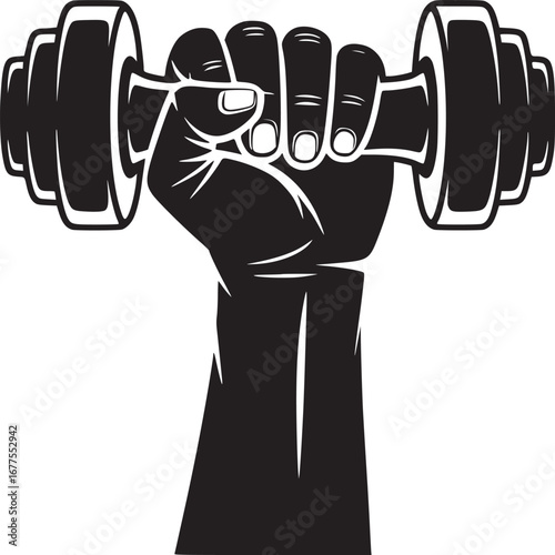 A black and white graphic of a hand strongly gripping a dumbbell against a white background space