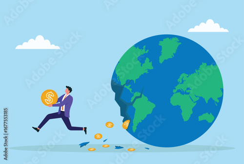 Vector illustration of a businessman running with money as the globe cracks open, symbolizing global financial crisis, economic risk, loss, and escaping monetary challenges
