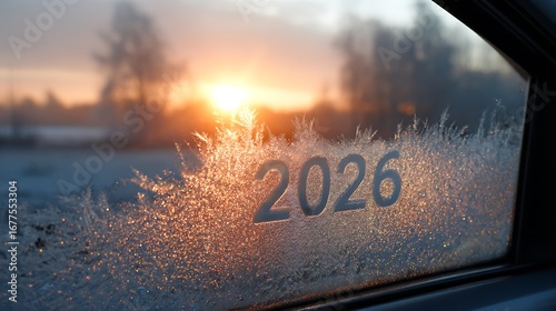 Frosty car window displays 2026 at sunrise. Symbolizes hope, future. Use for marketing, new year, design.