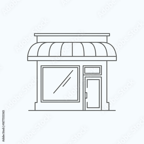 A minimalist line art illustration of a small shop front with a striped awning and display window.