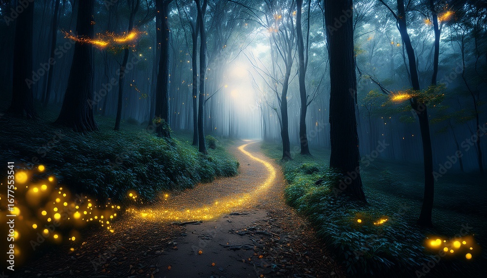 Obraz premium a haunted forest path with glowing fireflies