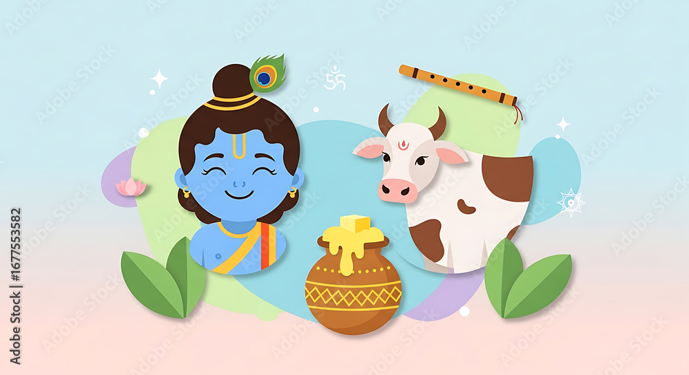 Obraz premium Festive illustration featuring Lord Krishna cow and butter pot on light