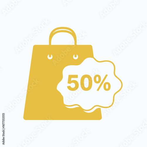 A golden shopping bag icon with a 50% off discount tag, representing a sale.