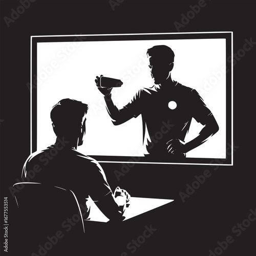 Silhouette of man sitting at desk looking at screen with man holding object in black and white