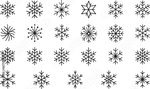 Collection of 23 detailed black snowflakes on for winter holiday design and christmas decoration elements