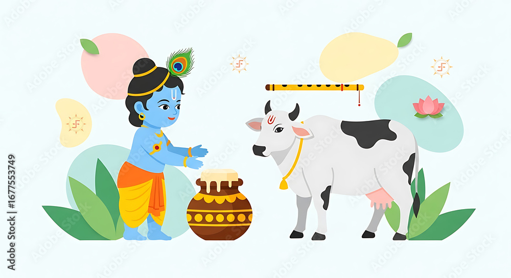 Naklejka premium Whimsical depiction of Krishna, the sacred cow, and traditional elements