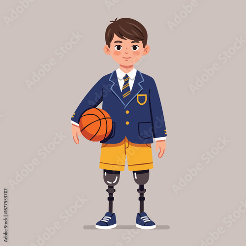 Boy with prosthetic legs holding basketball in sportswear vector illustration for inclusive youth sports and active lifestyle concepts 