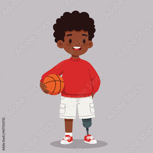Boy holding basketball with prosthetic leg wearing red sweater and white shorts vector illustration 