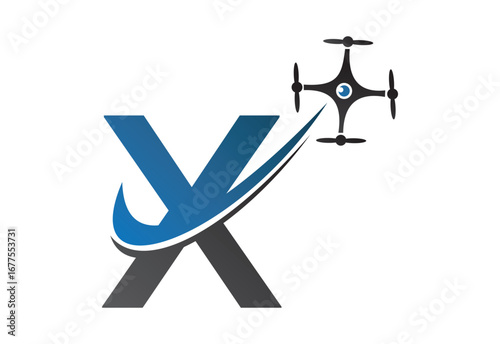 Latter X drone logo design template with blue and gray color