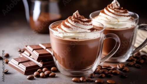 rich hot chocolate with whipped cream in glass cups served with chocolate pieces and coffee beans