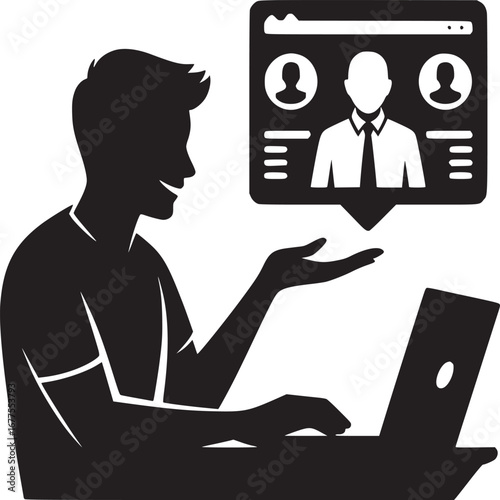 Silhouette of man using laptop with online meeting interface displayed above his hand in black and white