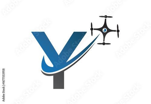 Latter Y drone logo design template with blue and gray color