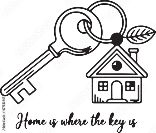 Line Art Illustration of a House Key with a House Charm and Leaf, with Text home real estate