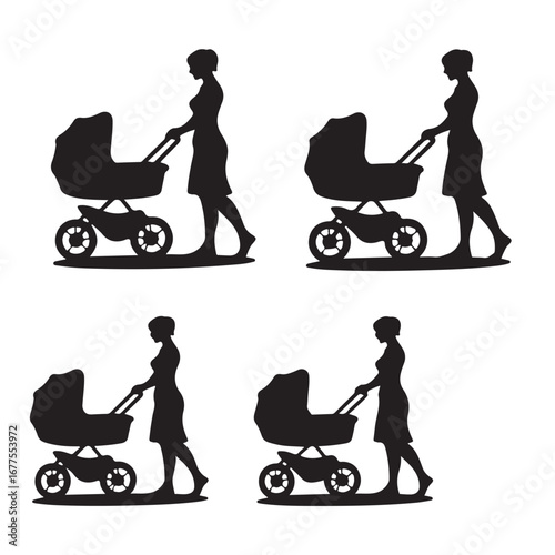 Four black silhouette figures of women pushing baby strollers woman mother