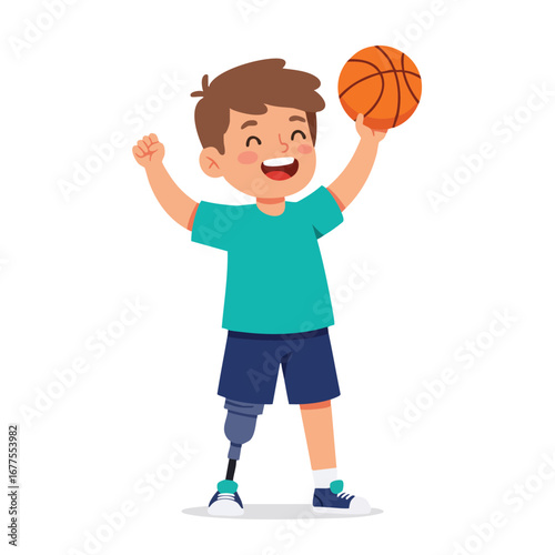 Boy with Prosthetic Leg Playing Basketball Wearing Casual Clothes Smiling Cheerful Active Lifestyle Illustration 