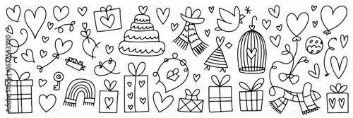Romantic Hand-Drawn Elements: Hearts, Gifts, and More