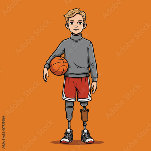 Boy with prosthetic legs holding basketball wearing sportswear on orange background vector illustration 