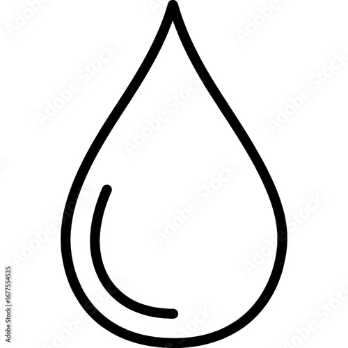 Minimalist black outline icon depicting a single water droplet, symbolizing purity, hydration, and the essential nature of liquid